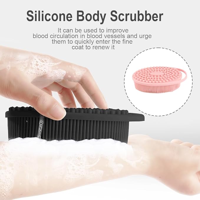 Soft Silicone Body Scrubber 3 PCS Silicone Body Shower, Silicone Loofah 2 in 4 Bath and Shampoo Brush, Body Scrubber Shower Cleaning Exfoliating Use for Sensitive Skin, Lather Well, Black,Pink,Green