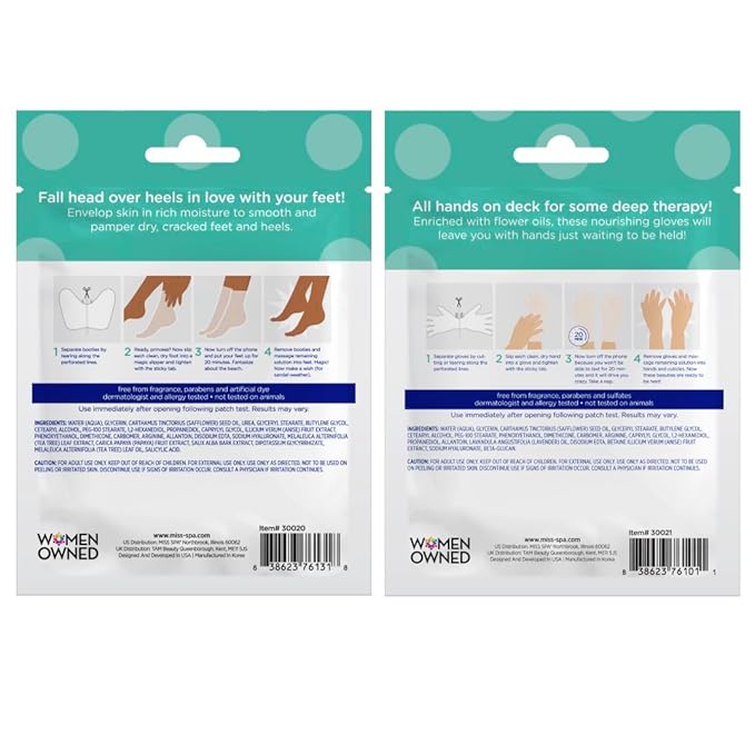MISS SPA Moisturizing Hand Foot Treatment Set for Women, Nourishing Deep Therapy Softening Gloves and Foot Masks, Moisturizing Hand Masks Gloves for Dry Skin Soften Cuticles, Skin Care Set, 4-Pack