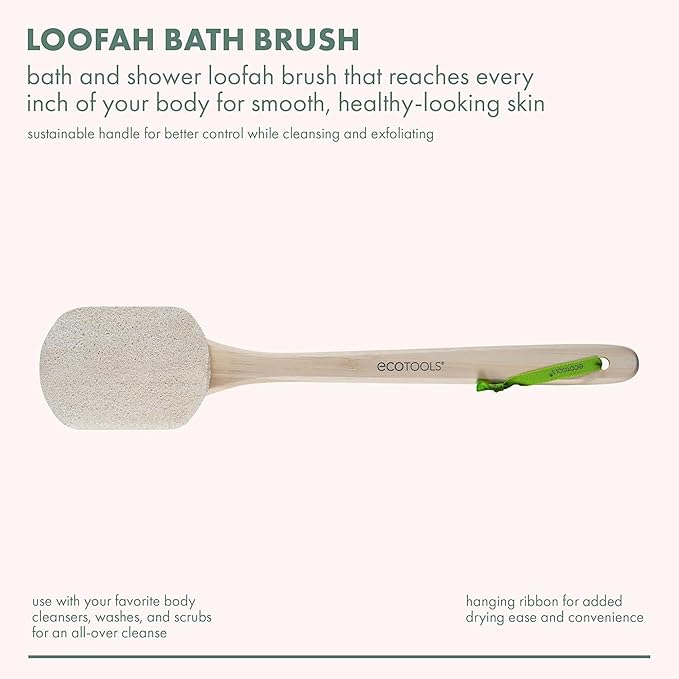 EcoTools Loofah Bath Brush with Long, Ergonomic Bamboo Handle + Green Delicate EcoPouf Made with Recycled Netting for Cleansing & Exfoliating Sensitive Skin, Self-Care Gifts