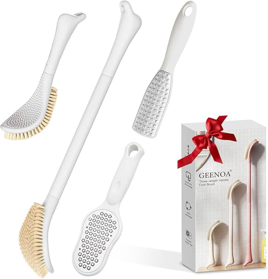 New Foot Brush & Foot Files Set(3PCS), 3-IN-1 Foot Scrubber with Long Handle, 10.2’’-27.5’’Adjustable Foot Scrub Brush and 2 Upgrade Foot File Callus Remover, Gift-Box Packed(White+2*Foot File)