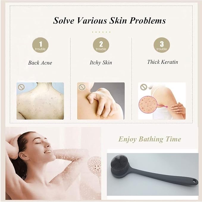 Silicone Body Scrubber - Long Handle Back Scrubber, Shower Exfoliator