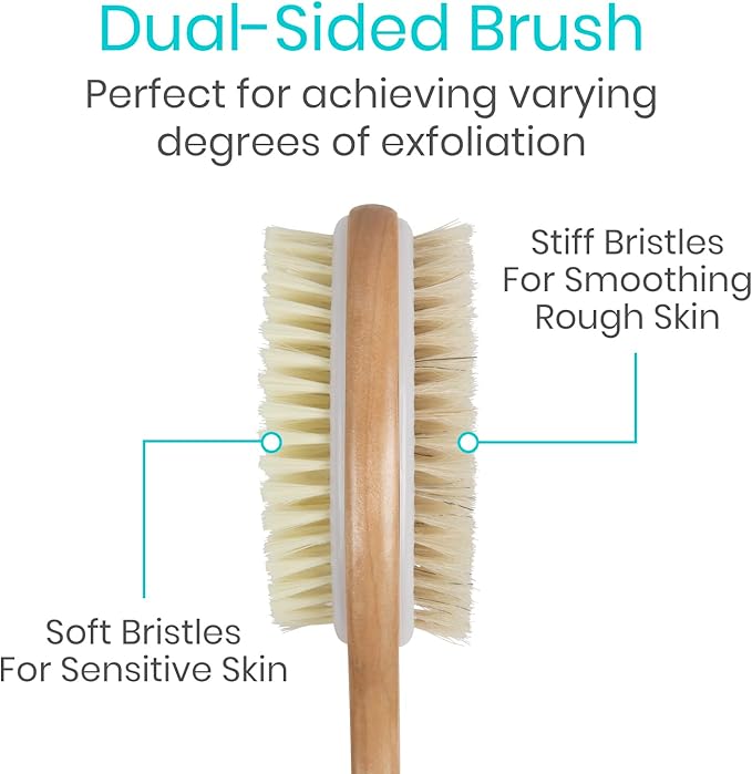 Vive Back Scrubber for Shower – Long Handle Dry Brushing Body Brush with Soft & Stiff Bristles – Exfoliating Shower Loofah & Bath Scrubber Cleaner for Women, Men, Elderly – Antiskid Grip