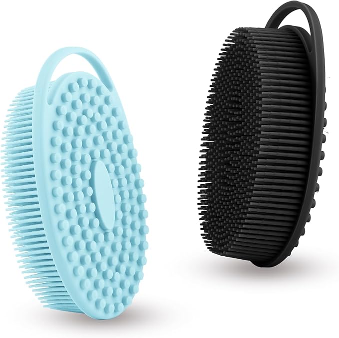 Silicone Body Scrubber, Exfoliating Silicone Body Shower, Silicone Loofah 2 in 1 Bath and Shampoo Brush, Body Scrubber Shower Cleaning Exfoliating for Sensitive Skin, Lather Well 2 PCS Black and Blue