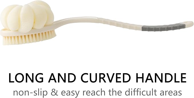 Shower Body Brush with Bristles and Large Pumpkin Loofah,Back Scrubber Bath Mesh Sponge with Anti-Slip Curved Long Handle for Skin Exfoliating,Massage Bristles for Wet or Dry,Men Women (White)