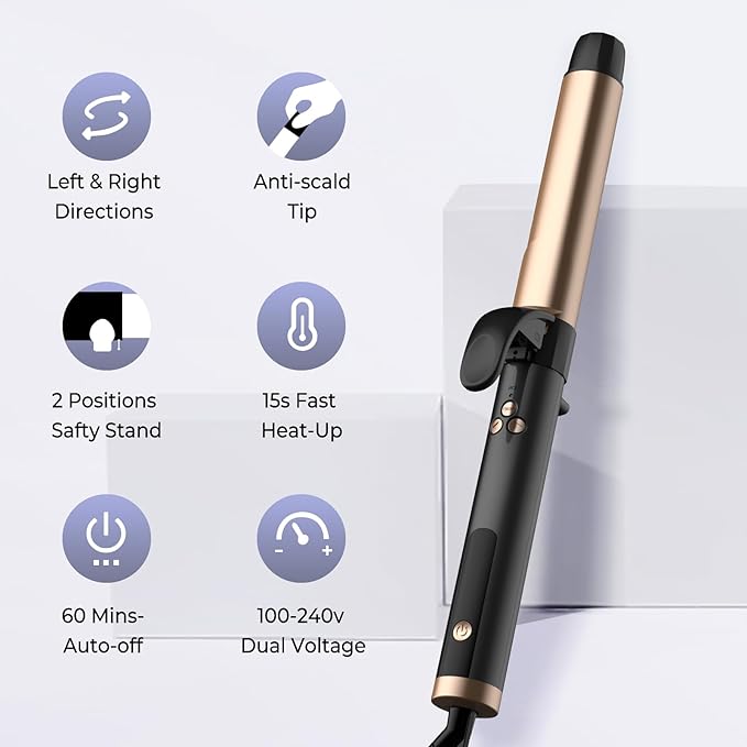 Rotating Curling Iron, 5 Temperature 1 1/4 in Automatic Curling Iron, Double Voltage 360° Rotating Auto Curling Wands, 1H Auto-Off & 30s Fast Heat Self Curler Travel Hair Styling Tools