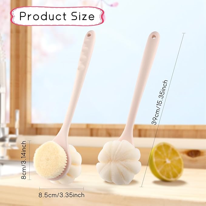2-Pack Pink Double Sided Bath Brush with Soft Bristles and Loofah,Long Handle Back Scrubber,Exfoliating Back Shower Brush for Women and Men