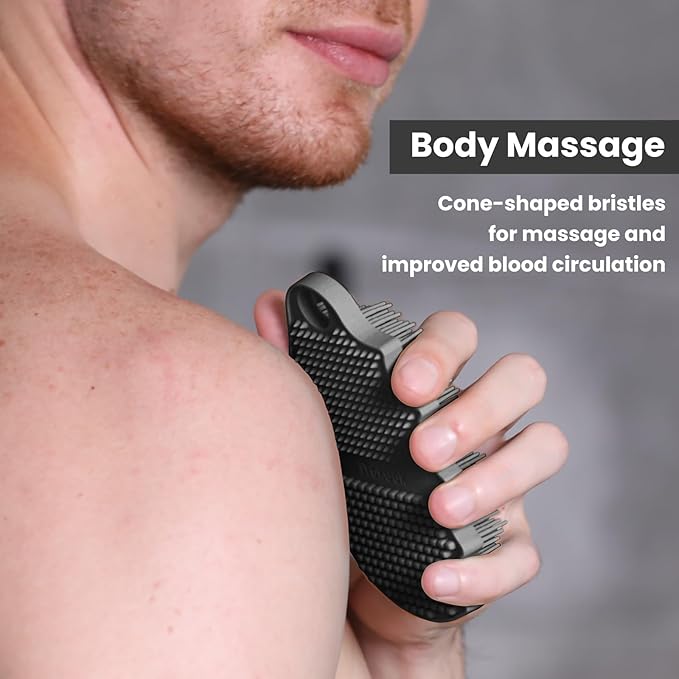 Silicone Body Scrubber Silver-Infused Dual-Sided 3-in-1 for Shower, Body Cleaning+Massage+Exfoliator Body Brush Buffer for Men and Women, Silicone Loofah, Non-Slip Handle (Gray)