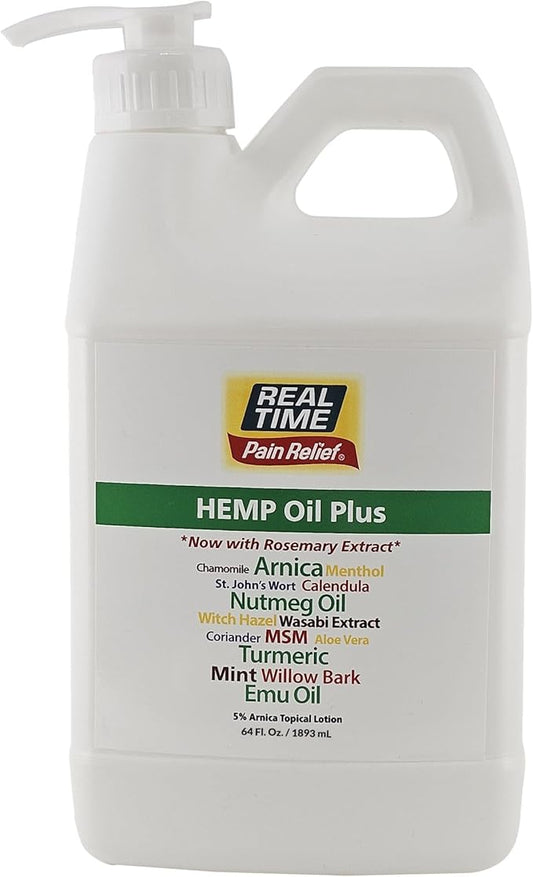 Real Time Pain Relief Hemp Oil Plus 64 oz Bottle | 20 Natural Ingredients: 5% Arnica, Turmeric & More | Fast-Absorbing Lotion for Muscles, Hands, Feet, Ankles, Back, Shoulders & Knees