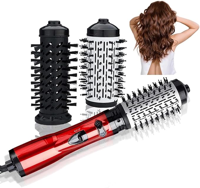 3-in-1 Hot Air Styler & Rotating Hair Dryer Brush with 2 Interchangeable Brushes | Anti-Frizz Ionic Technology for Straightening, Drying & Curling | 3 Heat Settings & 360° Rotation (Red)