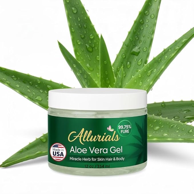 Allurials 99.75% Pure & Organic Aloe Vera Gel - Made in USA, Clinically tested & Dermatologist approved, Hydrates & Heals Dry & Damaged Skin & Hair- 12 Oz