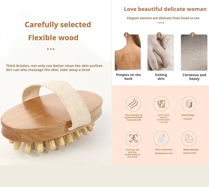 Dry Body Brush, Wooden Handheld Body Massager Brush - Natural Wood, Body Brush, Bath & Body Brushes Muscle Relax Sauna Spa Head Massage Brush