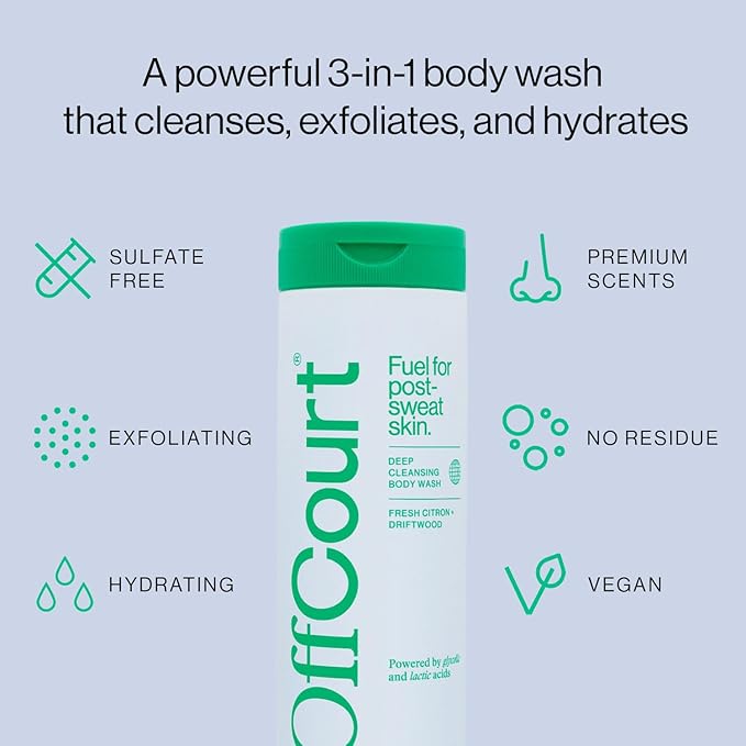 OffCourt Sulfate-Free Body Wash for Men & Women - Non-Drying Exfoliator with Glycolic & Lactic Acids Leaves Skin Fresh & Smooth with Fresh Citrus and Driftwood, 14 Fl. Oz (Pack of 1)