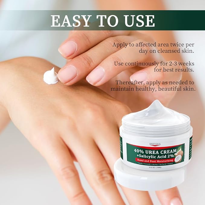ENVISHA 40% Urea Cream for Dry Cracked Feet- Maximum Strength Foot & Hand Moisturizer with 2% Salicylic Acid, Tea Tree, and Aloe Vera | Deep Hydration & Softener for Feet Care