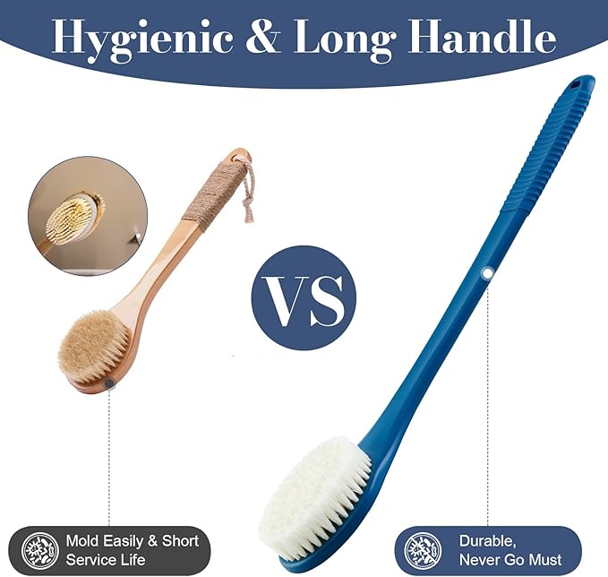 Back Scrubber for Shower, Shower Body Brush for Cleaning with Long Handle for Showering, 17 Inch Back Washer Exfoliator for Shower Men Women with Non-Slip Handle, Adhesive Hook (Navy Blue)