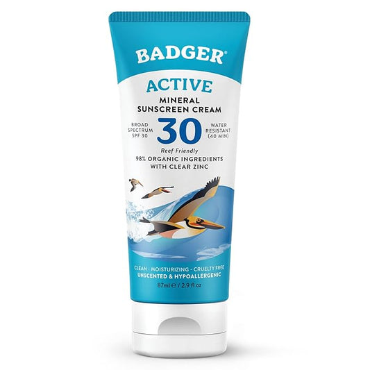 Badger Mineral Sunscreen Cream SPF 30, Zinc Oxide Sun Care, 98% Organic, Reef Safe, Water Resistant, Unscented Face and Body Sunscreen Travel Size, 2.9 fl oz