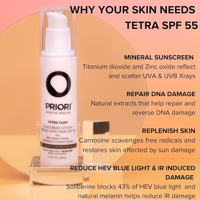 Priori Skincare Tetra Sunscreen Lotion Broad Spectrum SPF 55 Universal Skin Tint, Zinc Oxide Facial Sunscreen, Blue Light Protection, Antioxidant, Matte Finish 1.7 fl oz