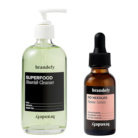 Brandefy Superfood Face Wash & No Needles Niacinamide Serum Duo - Cleanser w/Kale, Green Tea, Spinach, Vitamin C, E, K2 and Serum w/Hyaluronic Acid - Soft, Smooth, Firm & Dewy Skin