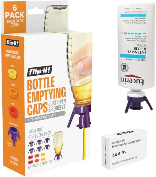 Flip-It! Bottle Emptying Kit, No More Wasted Product - Fits Most Plastic Bottles – Get Every Drop of Shampoo & Lotion – Adapters Included to fit Nivea, Eucerin, and Aquaphor