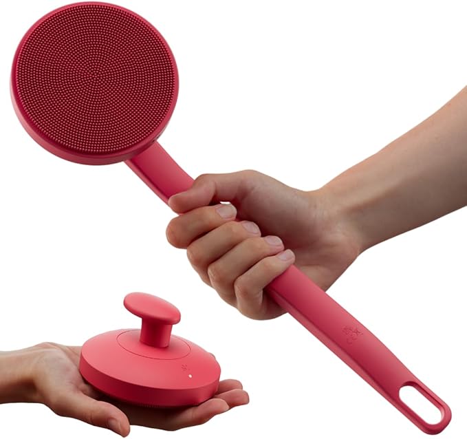 Aura Body Clean Pro⁺ - Silicone Electric Body Scrubber for Acne, Ingrown Hair & KP - IPX7 Waterproof, Rechargeable Exfoliating Shower Brush with Handle. Freeform Grip, & 7000+ Sonic Vibration - Cherry