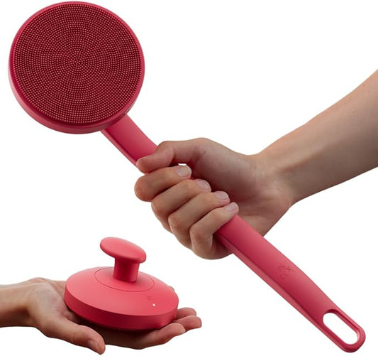 Aura Body Clean Pro⁺ - Silicone Electric Body Scrubber for Acne, Ingrown Hair & KP - IPX7 Waterproof, Rechargeable Exfoliating Shower Brush with Handle. Freeform Grip, & 7000+ Sonic Vibration - Cherry