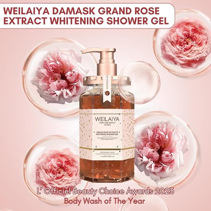 Weilaiya Damask Grand Rose Extract Shower Gel – 450mL / 15.2 fl oz – Moisturizing Body Wash with Natural Rose Essence – Gentle, Hydrating, Aromatherapy Cleanser for All Skin Types