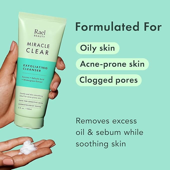 Rael Face Wash, Miracle Clear – Gentle Exfoliating Cleanser with Succinic Acid & Minerals, Korean Skin Care (5 fl oz)