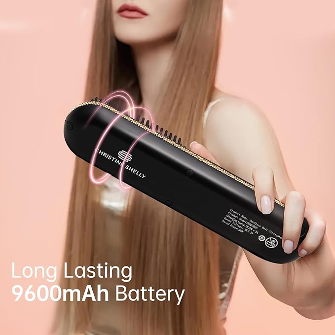 Cordless Hair Straightener Brush, Go Brush Pro, Portable Crystal Diamond Bling Mini Straightening Brush for Travel, Negative Ion Hot Comb with 9 Temps, Anti-Scald Ceramic, Fast Charging for Women