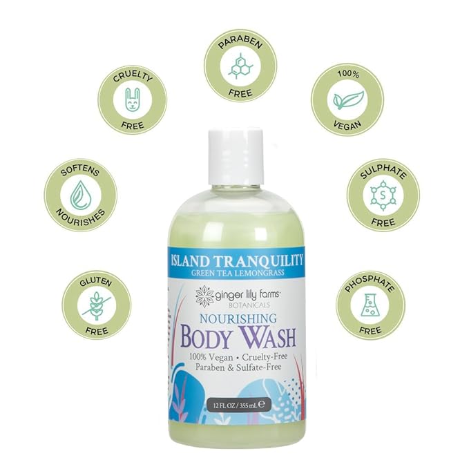 Ginger Lily Farms Botanicals Nourishing Body Wash, Island Tranquility, 100% Vegan & Cruelty-Free, Green Tea & Lemongrass Scent, 12 Fl Oz (Pack of 6)