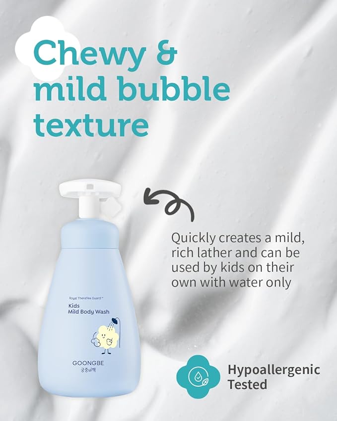 GOONGBE Kids' Mild Body Wash - Korean Kids Body Cleanser - Hydrating & Refreshing Low pH Soft Bubble Foaming with Panthenol and Amino Acids - Allergen Free Scent, 10.1 fl.oz. 2 Pack