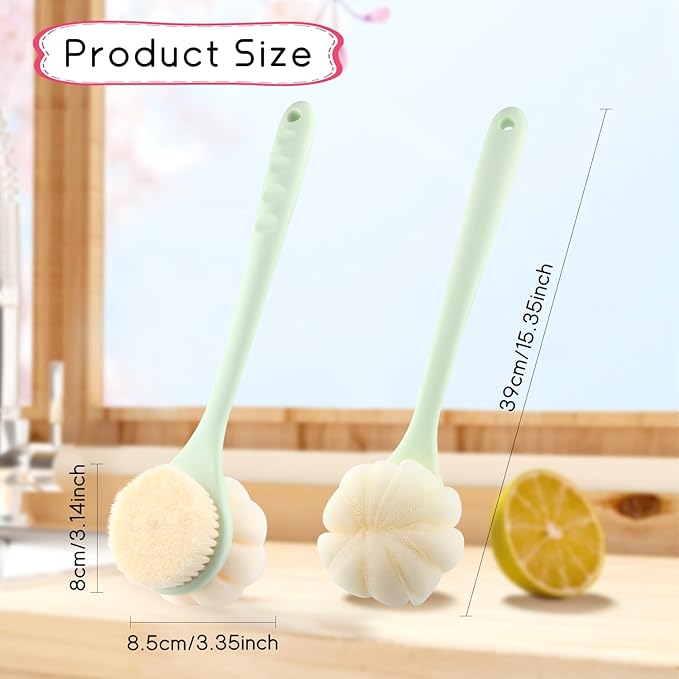 2-Pack Green Double Sided Bath Brush with Soft Bristles and Loofah,Long Handle Back Scrubber,Exfoliating Back Shower Brush for Women and Men