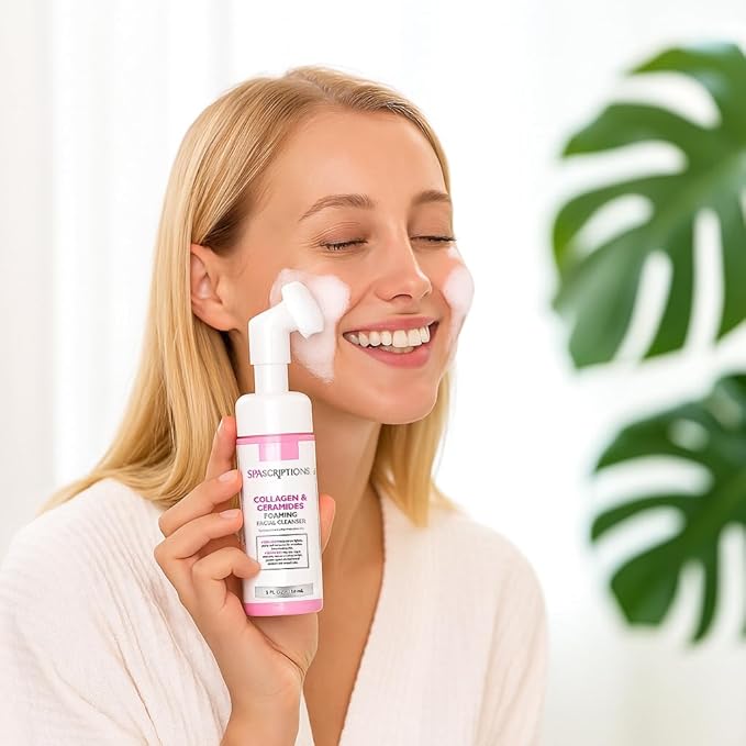 SpaScriptions Collagen & Ceramides Foaming Facial Cleanser, pH Balanced, Non Comedogenic, Paraben Free, For All Skin Types, 5 fl oz / 150 mL