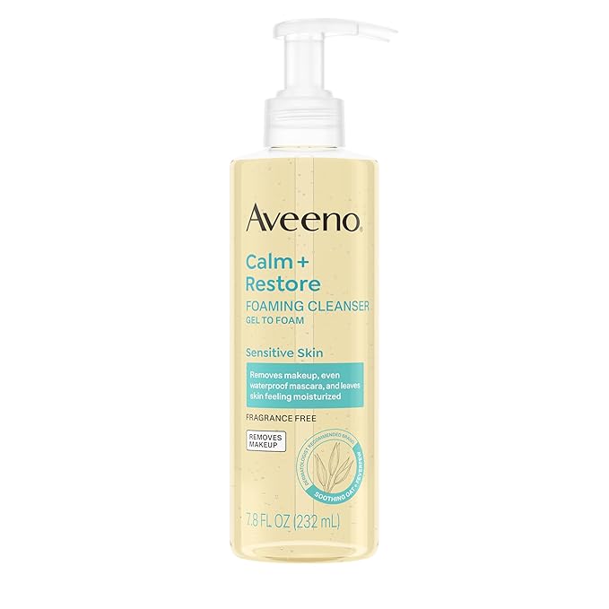 Aveeno Calm + Restore Foaming Cleanser for Sensitive Skin, Daily Face Wash Gently Removes Makeup & Cleanses Skin with Soothing Oat, Feverfew & Hyaluronic Acid, Fragrance-Free, 7.8 fl. oz