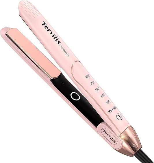Terviiix Titanium Flat Iron Hair Straightener and Curler 2 in 1, ARC Non-Snagging Straightening Iron for One Swipe, 15s Ultra Fast Heating, 100-240V Dual Voltage, Auto Off, 1 inch Pink