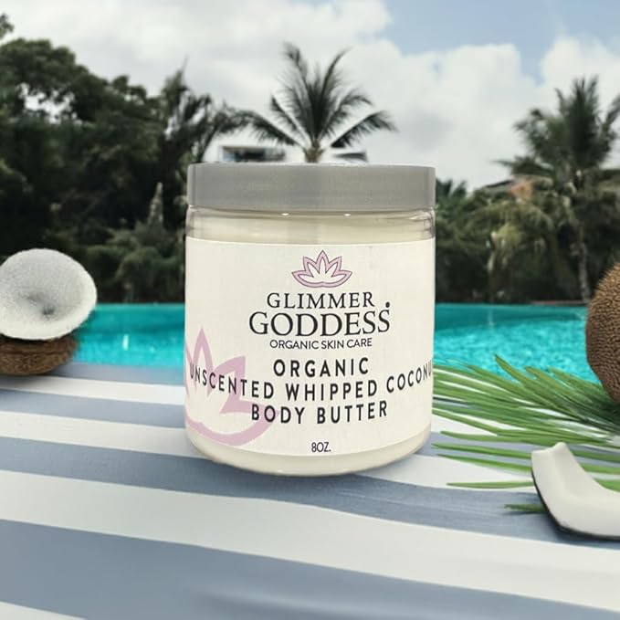 GLIMMER GODDESS Organic Vegan Whipped Coconut Oil & Vitamin E Body Butter - UNSCENTED, Moisturizing, Anti-aging, Skin Repairing, 8 oz.
