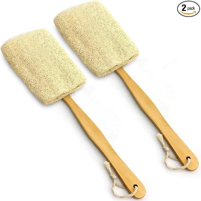 2 Pack Natural Exfoliating Loofah Luffa Loofa Bath Brush On a Stick, Shower Sponge Back Scrubber with Long Wooden Handle for Men & Women, Deep Clean and Invigorate Your Skin Back Brush