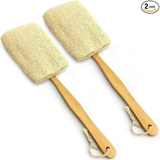 2 Pack Natural Exfoliating Loofah Luffa Loofa Bath Brush On a Stick, Shower Sponge Back Scrubber with Long Wooden Handle for Men & Women, Deep Clean and Invigorate Your Skin Back Brush