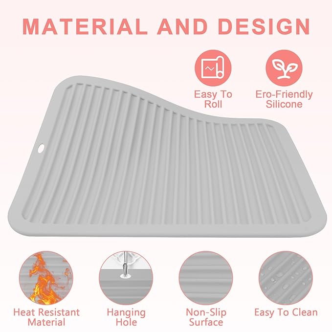 AMIJEAL Oversize Silicone Heat Resistant Mat for Hair Tools, Curling Iron Flat Iron Hair Straightener Holder Mat, Portable Hot Tools Cover Pad for Travel Vanity Salon(14.2" x 11.0")