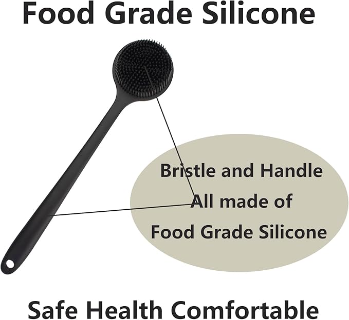 Back Scrubber for Shower, Soft Silicone Back Shower Brush Bath Body Scrubber with Long Handle for Men Women (Black)