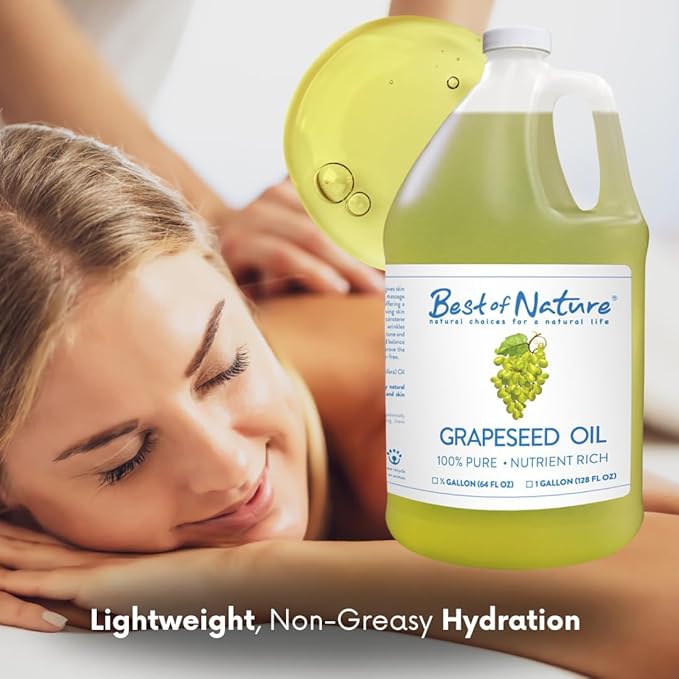 Best of Nature 100% Pure Grapeseed Massage & Body Oil, Unscented Lightweight Non-Greasy Moisturizer for Hair, Skin, Face, & Aromatherapy Carrier Oil for Essential Oils, 8 oz.