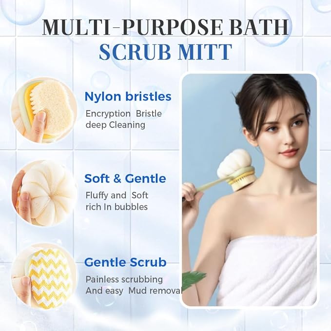 2-in-1 Bath Scrubber Back Brush,2025 New Shower Body Brush with Bristles and Loofah,Double-Sided Bath Back Scrubber with Long Handle for Women, Men, The Elderly (Green A)