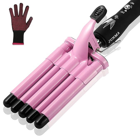 Hair Curling Iron 5 Barrel Hair Crimper 16mm Curling Wand Two-Gear Temperature Adjustable Ceramic Curler Curling Iron Waver with Heat Resistant Gloves