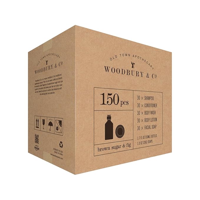 WOODBURY & CO Travel Size Shampoo Conditioner Body Wash Lotion & Soap (150 PK, 1.7 oz each), Guest Bathroom Essentials Toiletries Airbnb Bulk Mini Sets Hygiene Kits Paraben Free Air Bnb Toiletry