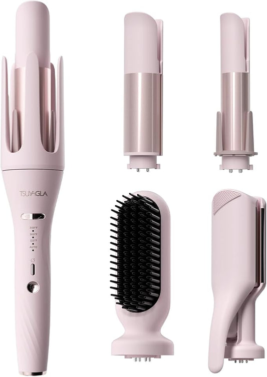5 in 1 Auto Curling Iron Set with Interchangeable Barrels - 1", 1.25", 1.5" Curling Wand, Hair Crimper & Straightening Brush, Rotating Ceramic Curler, 3 Temp, Dual Voltage, Anti-Scald, Pink