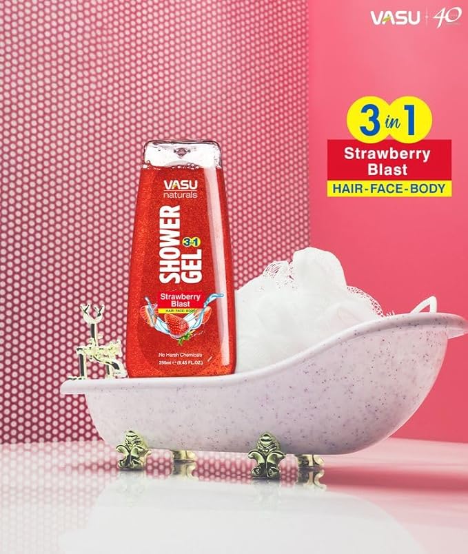 Vasu Naturals Shower Gel for Men & Women, Strawberry Body Wash, Pack of 2 (8.45 fl oz Each) – Gentle Daily Cleanser with Hydrating & Nourishing Formula, Refreshing Skin Care for All Skin Types