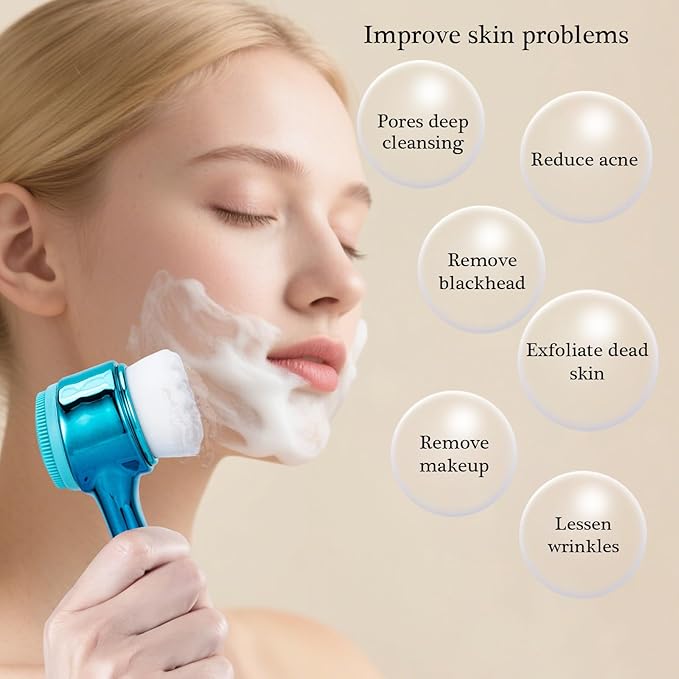 Face Brush 2 in 1, Facial Cleansing Exfoliating Scrubber Brush, Silicone Double Side Manual Face Wash Scrub Brush with Soft Fiber for Deep Pore Cleansing, Massaging, Skin Care,Gradient Blue