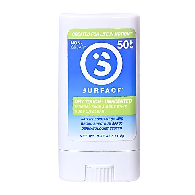 Surface Mineral Face Sunscreen Stick, Dry Touch SPF 50, Broad Spectrum UVA UVB Sun Protection for Kids and Adults, Travel Friendly, Water Resistant for 80 Minutes, Fragrance Free, 0.5oz