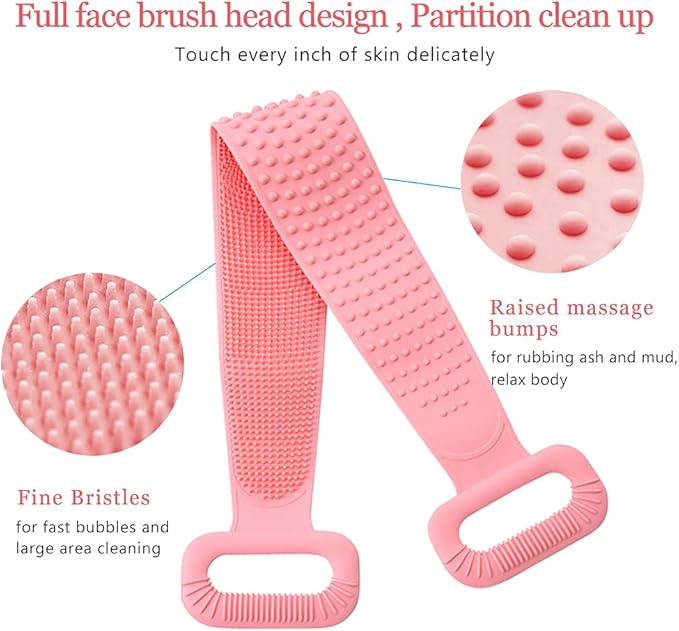 Inmorven Exfoliating Back Scrubber for Shower with Handles, 30 Inch Double-Sided Back Exfoliator Body Scrub Towel, Exfoliating Washcloth Bath Tool for use in Shower, Clean Skin for Men & Women (Pink)