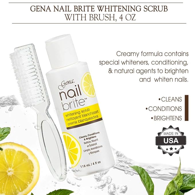 Gena Nail Brite Whitening Scrub with Brush, Cleans Conditions & Brightens Nails, 4 oz