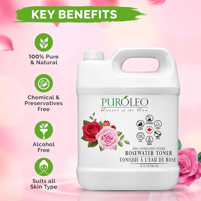 PUROLEO Rose Water 32 Fl Oz/946 ML (Packed in Canada) Pure & Natural Skin Care Setting Spray and Toner - Premium and Luxury Self Care with Rosewater for Face, Makeup Setting Spray, and Facial Mist