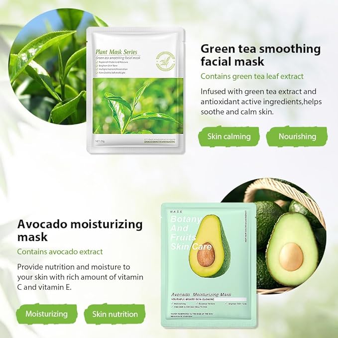 6 PCS Real Nature Hydrating Green Tea Honey Aloe Vera Face Mask skincare, Hyaluronic Acid, Vitamin C and E, Chamomile, Korean Beauty Essence Facial Paper Sheet Mask for SkinCare Moisturizing(Set01)
